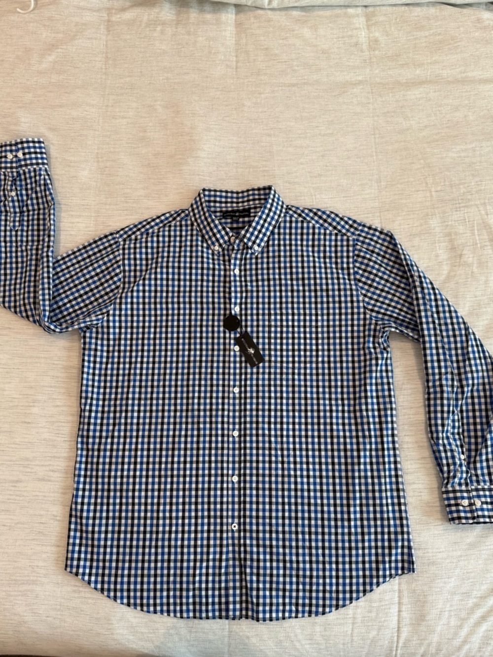 Beverly Hills Polo Club Blue & White Gingham Button-Down 100% Cotton Shirt